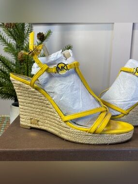 Michael Kors Yellow Leather Espadrille Wedge Sandals